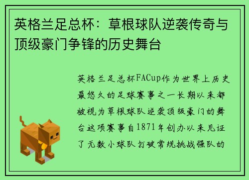 英格兰足总杯：草根球队逆袭传奇与顶级豪门争锋的历史舞台
